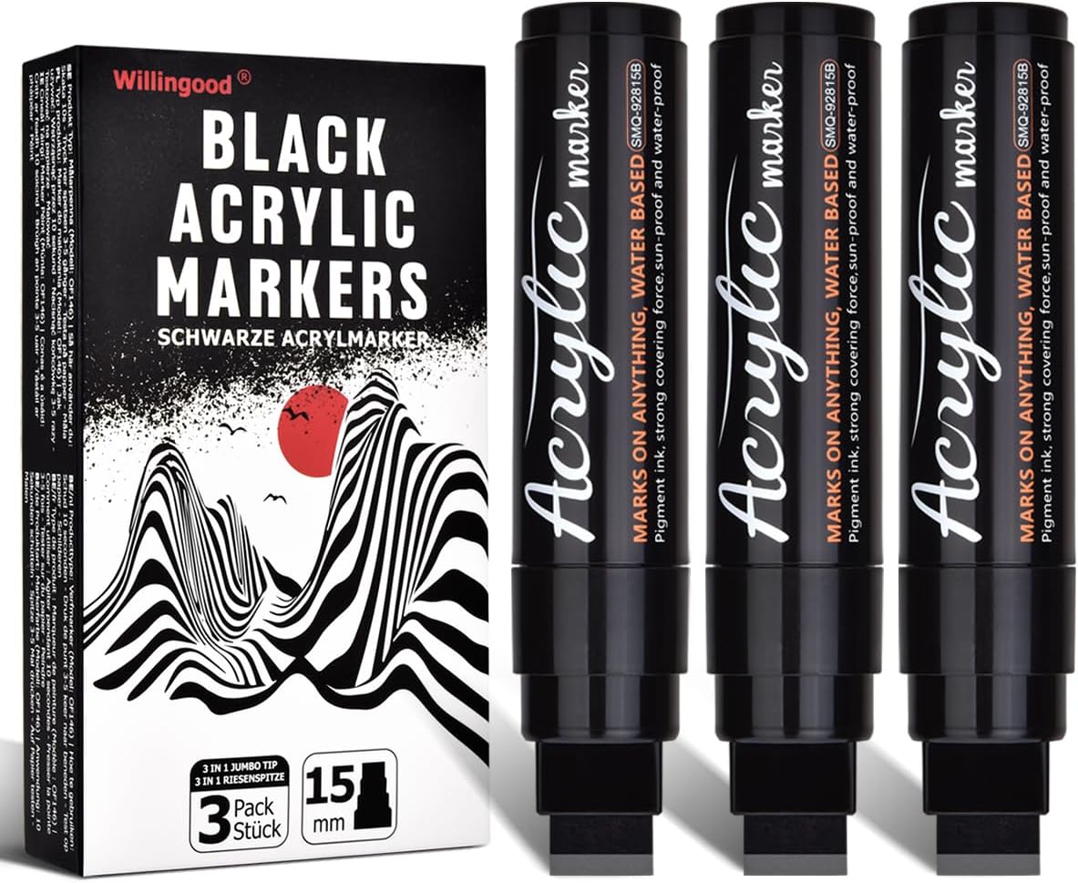 Detalle de Willingood 3x Schwarz Acrylstifte Jumbo Marker Set – 15 mm Spitze, wasserfest & schnelltrocknend