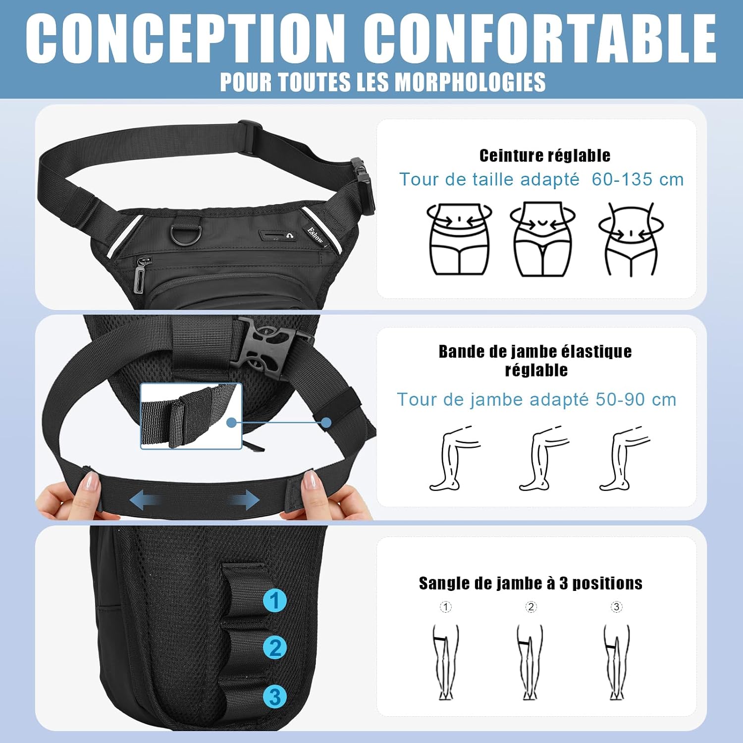 Detalle 2 de Eshow Sacoche de Jambe Moto Extensible – Sacoche banane réfléchissante à fixation fiable