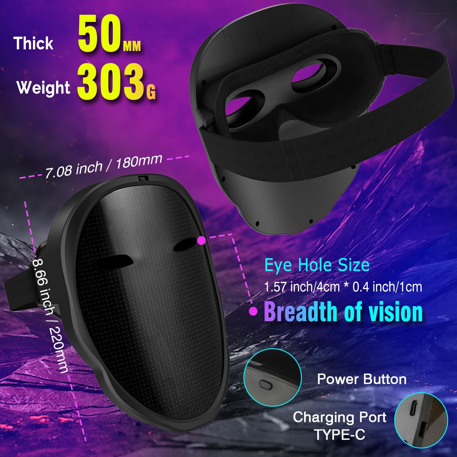 Detalle de megoo LED Mask with Bluetooth – customisable programmable light-up mask for DJ, rave, cosplay & parties