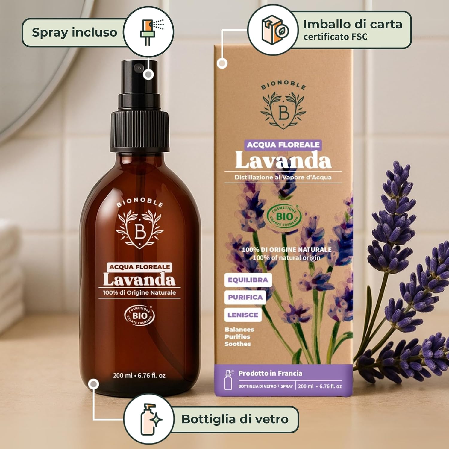 Detalle de BIONOBLE Idrolato di Lavanda Bio: idrolato 100% naturale in sprays di vetro da 200 ml