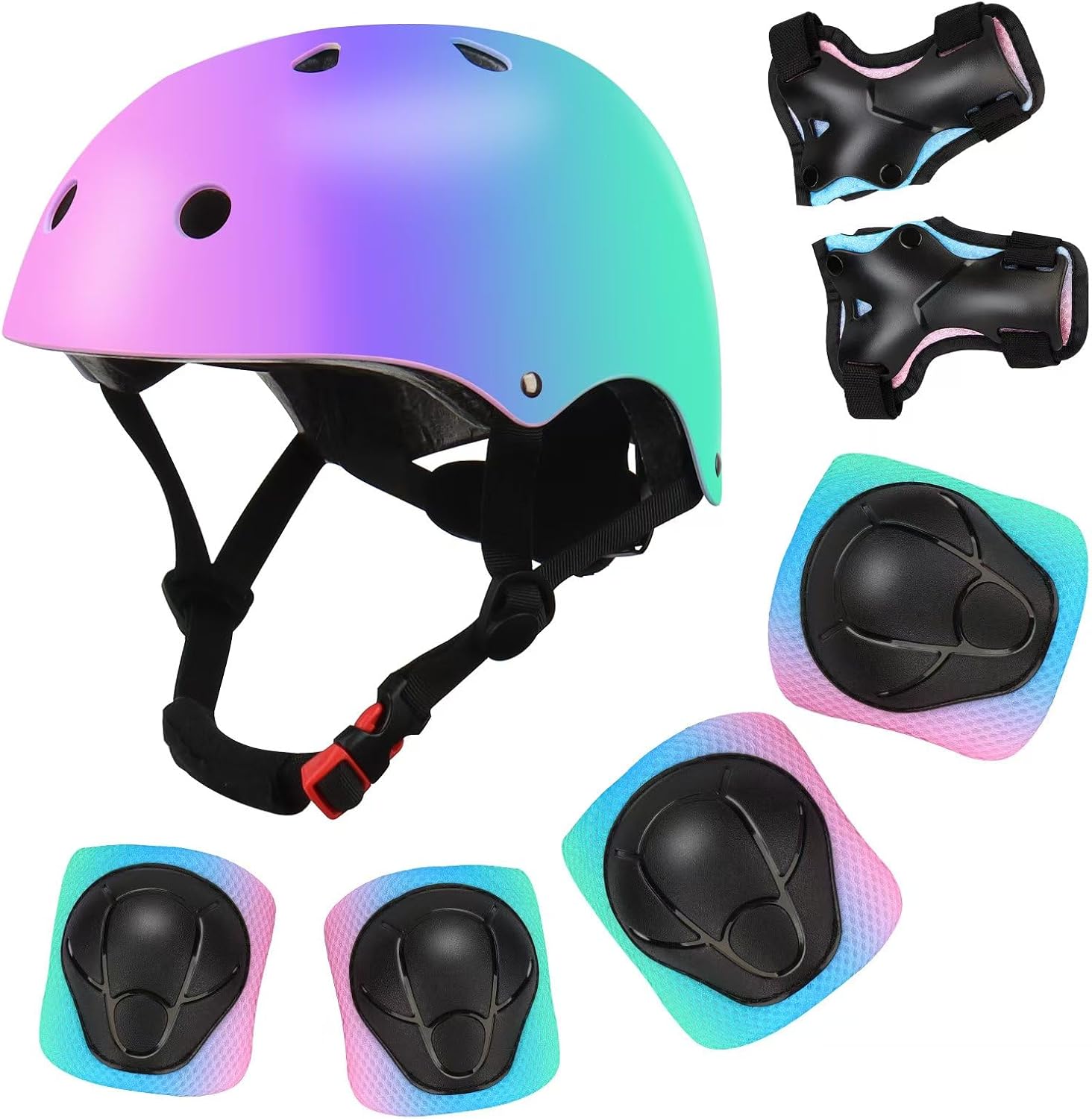 Detalle de Color Gradient Adjustable Kids Bike Helmet with Knee & Elbow Pads Set — 7-in-1 Safety Gear for Ages 5–14