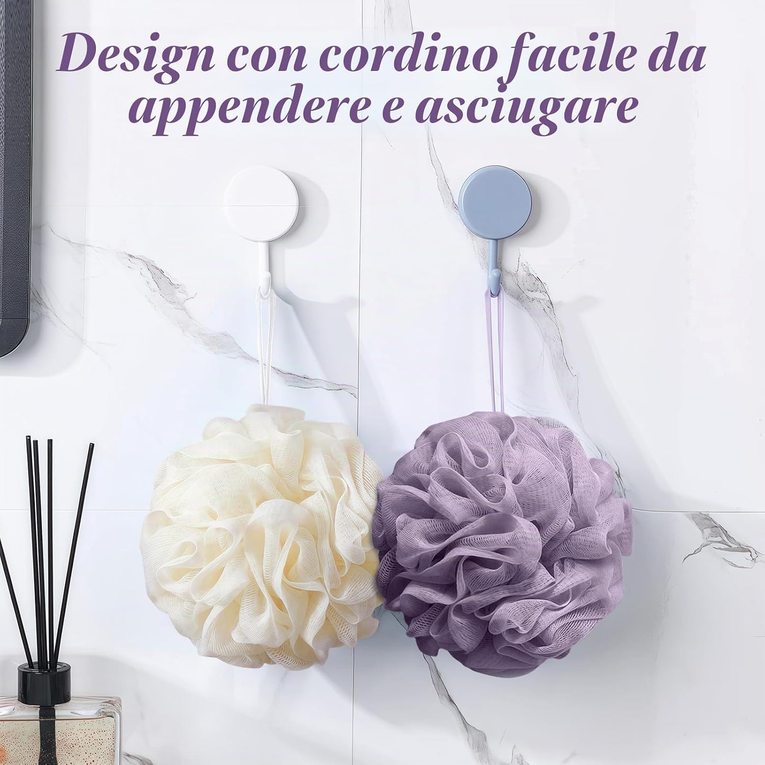Detalle de flintronic 4 Pezzi Spugna Doccia 50 g – Palla Doccia in Tessuto a Rete, Esfoliante e Morbido, con Cordino