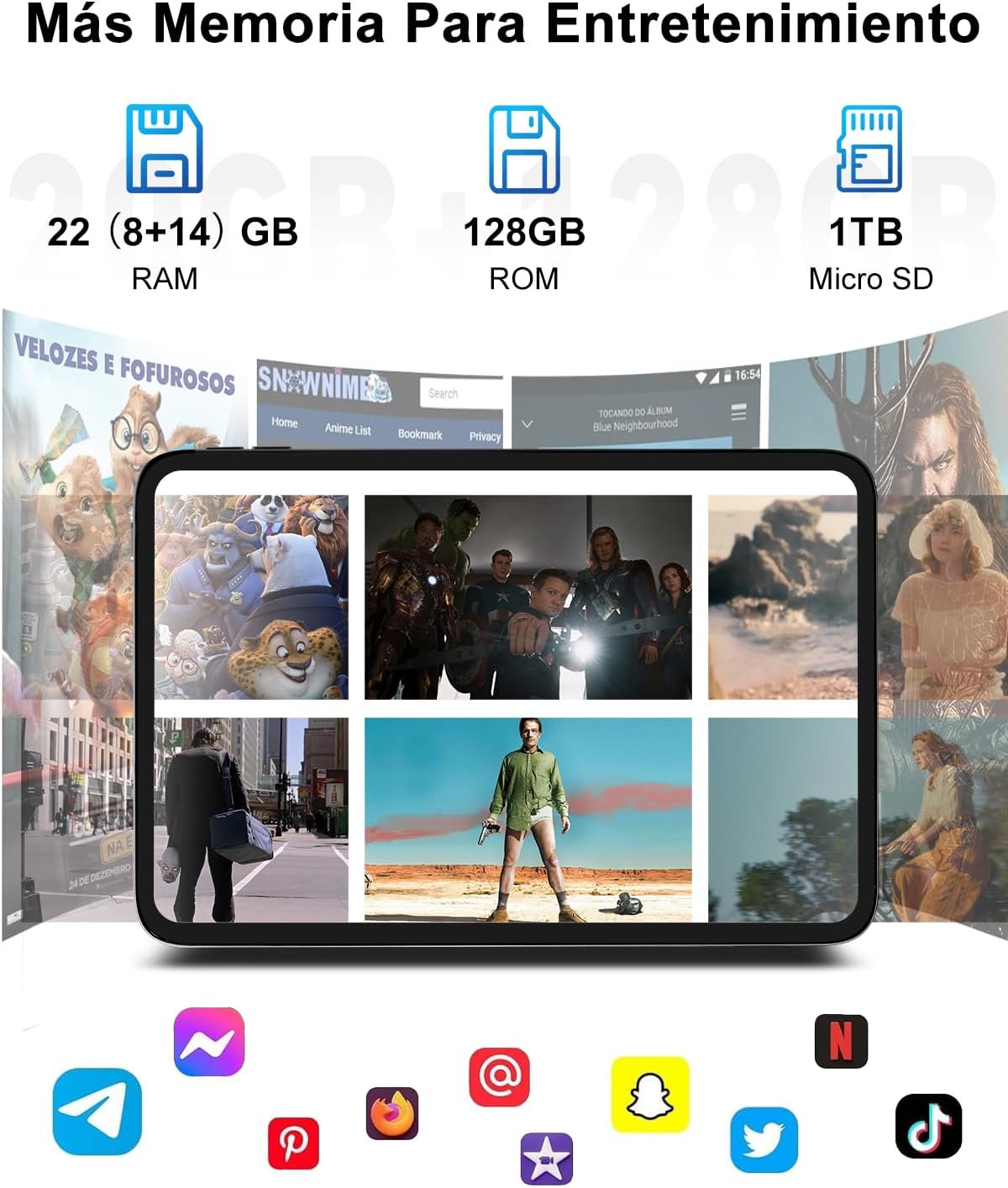 Detalle 2 de SUAAT 2026 Tablet 10'' Android 15 octa-core, 22GB RAM, 128GB ROM + espansione 2TB, Wi‑Fi 5G, GPS, Bluetooth 5.0, fotocamere 8MP/5MP