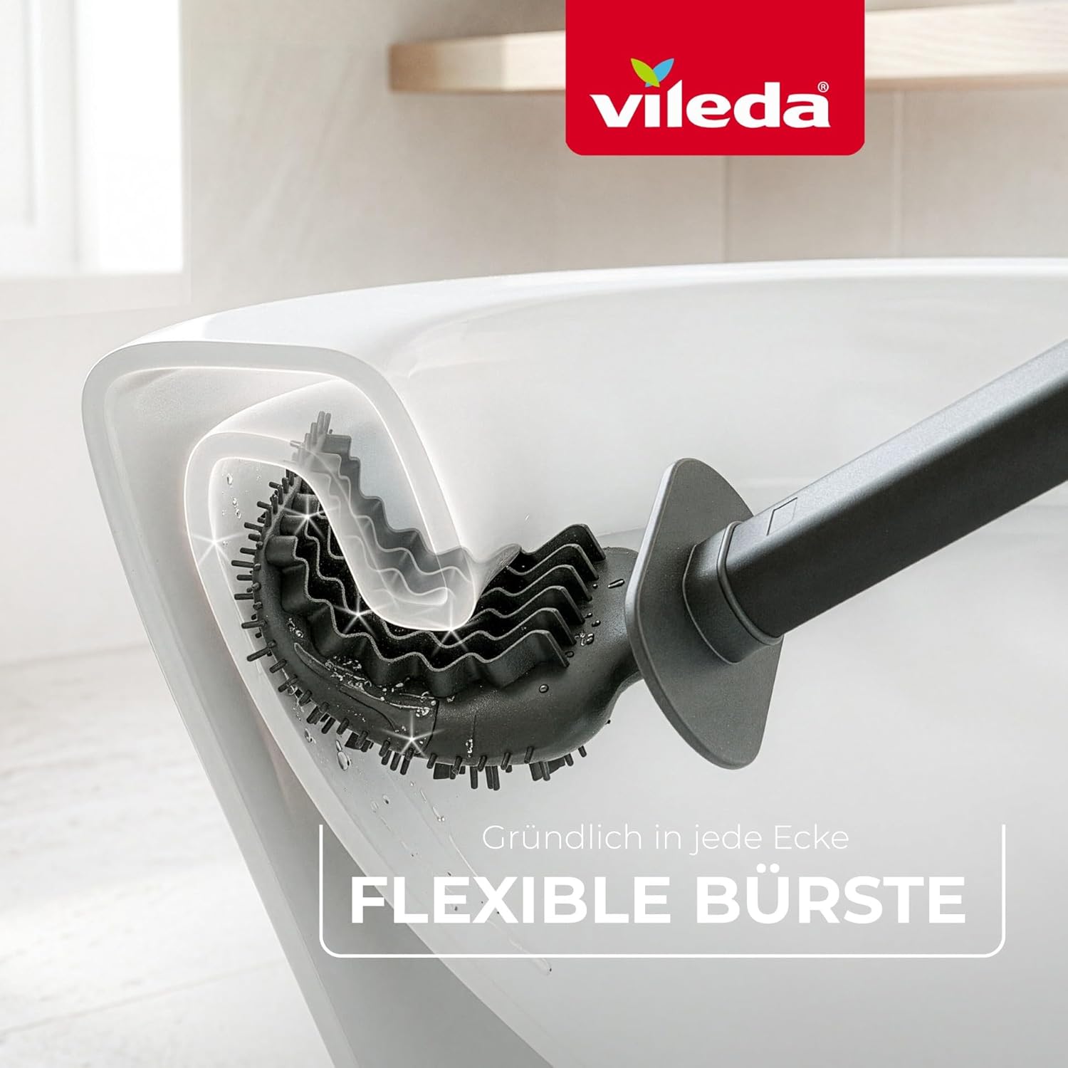 Detalle de Vileda Scopino WC in Silicone 2in1 con Porta Scopino – Testa Flessibile, Manico in Acciaio Inox Antiruggine, Grigio