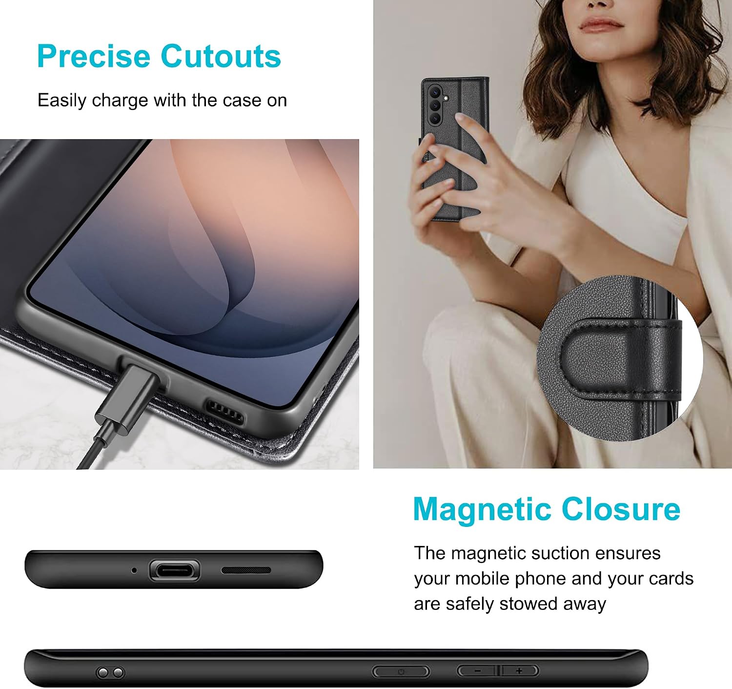 Detalle de Kuafcase for Samsung S26 Case with 4 Card Slots, Magnetic Closure and Kickstand – Black