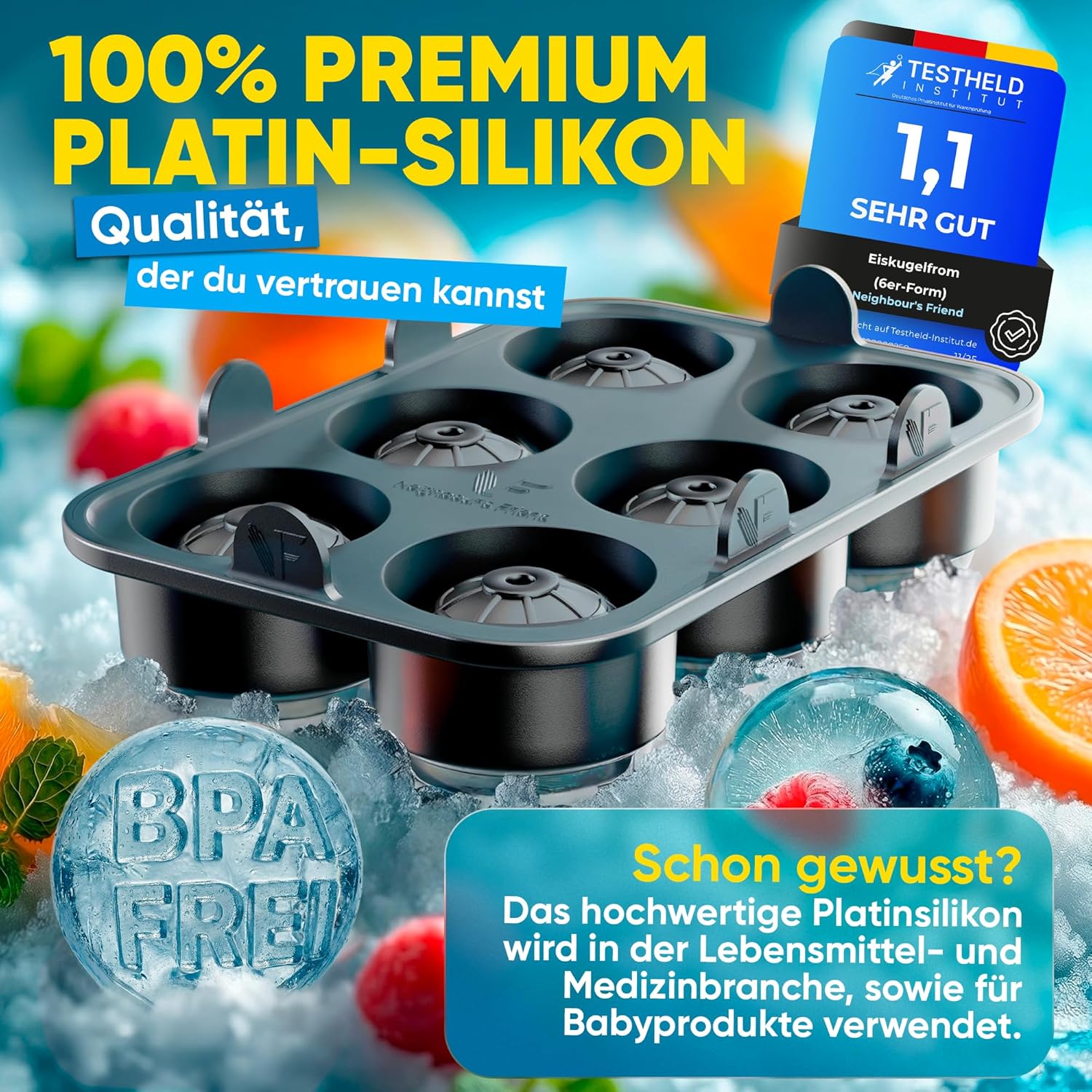 Thumbnail 6 de Neighbour’s Friend Patentierte Eiskugelform XXL Platinum – große runde Eiswürfel aus Platinsilikon (XXL)