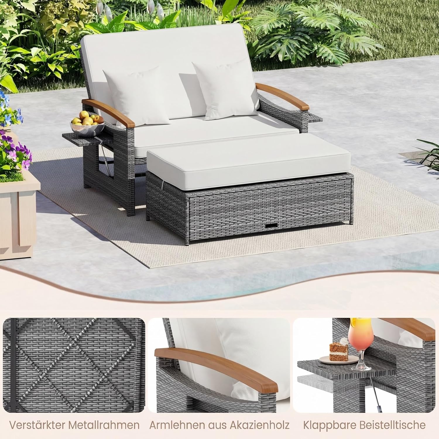 Thumbnail 6 de COSTWAY Polyrattan Sonnenliege: Verstellbare Rückenlehne, Seitenablage und Doppel-Loungemöbel für Garten und Balkon