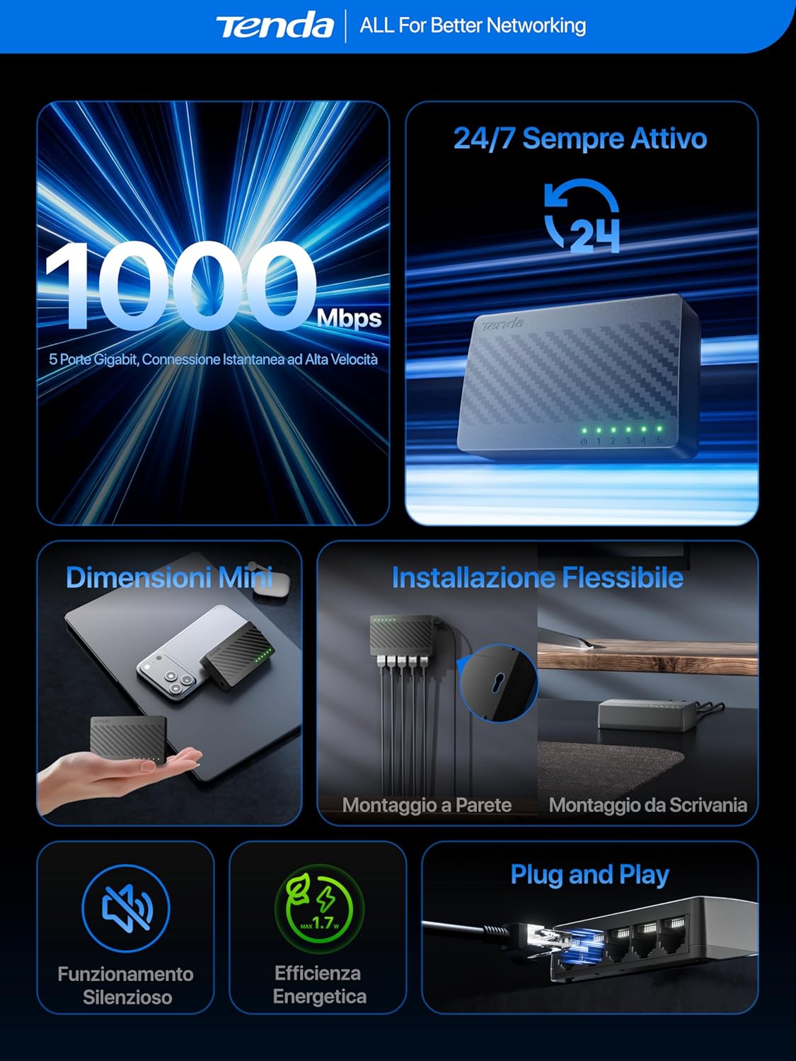 Thumbnail 1 de Tenda SG105 V4.0: Switch Gigabit a 5 Porte, design mini e Plug & Play