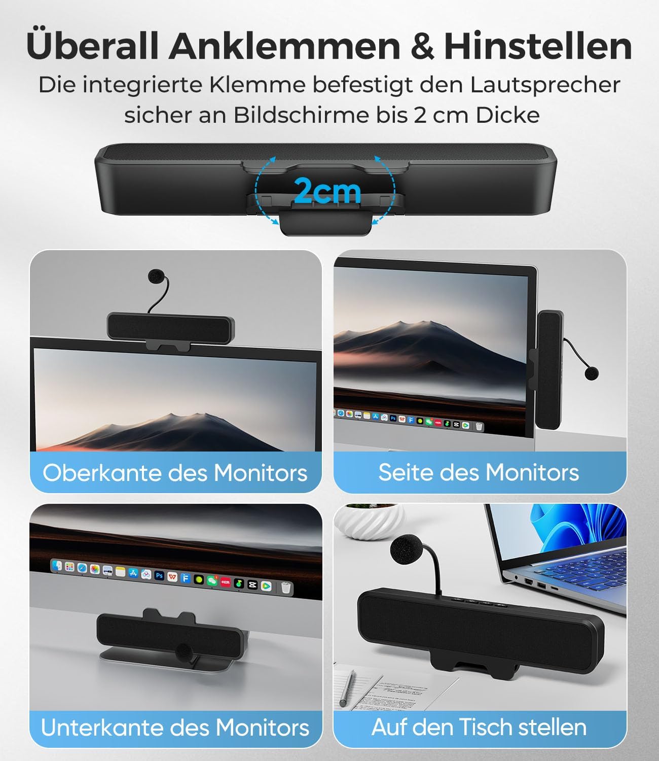 Detalle de Plyee Audio USB-Computerlautsprecher mit abnehmbarem Mikrofon und Monitor-Klemme – Stereo-Sound für PC, PS5 und Switch