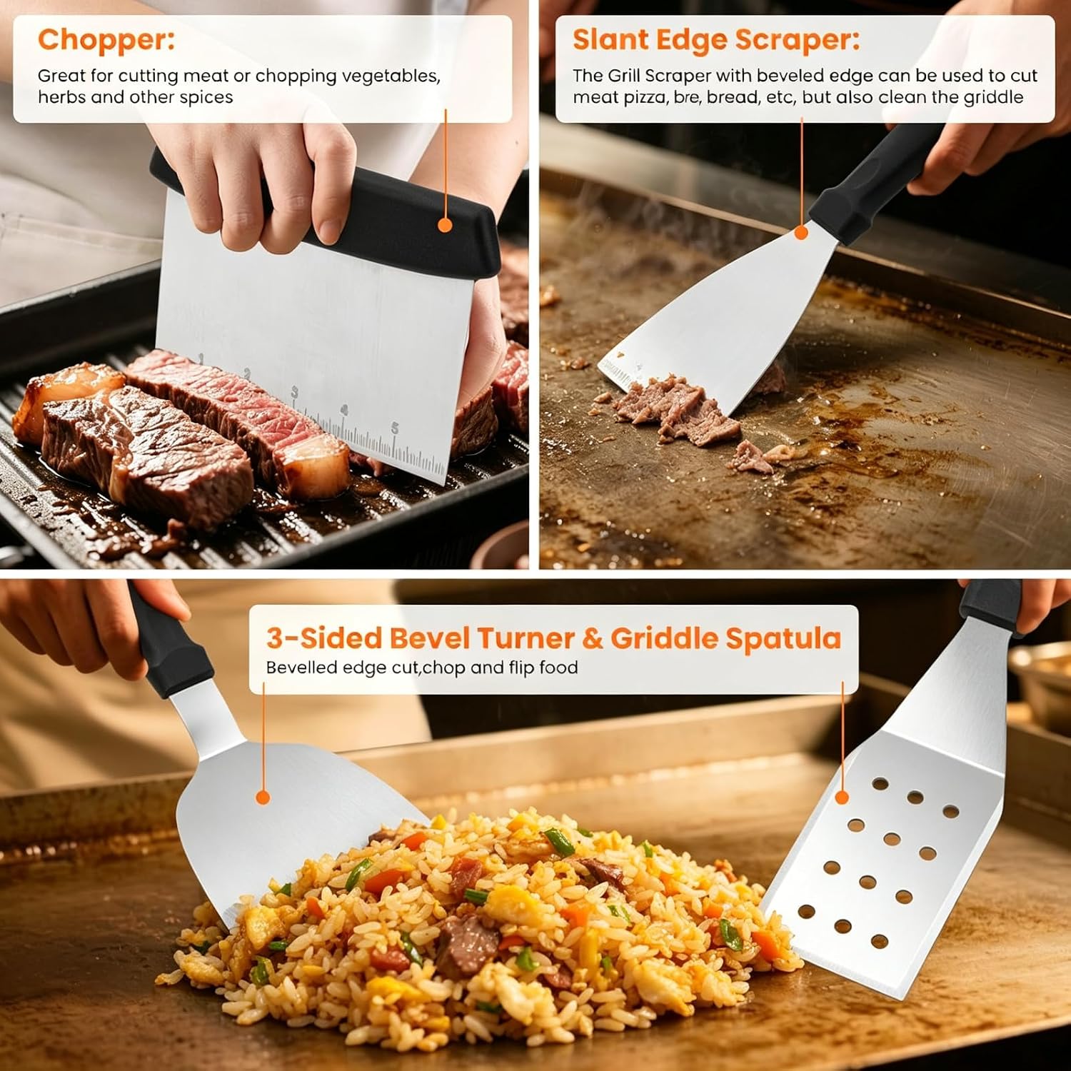 Detalle de CenGoes BBQ Griddle 32-Piece Stainless Steel Flat-Top Grill Tool Set