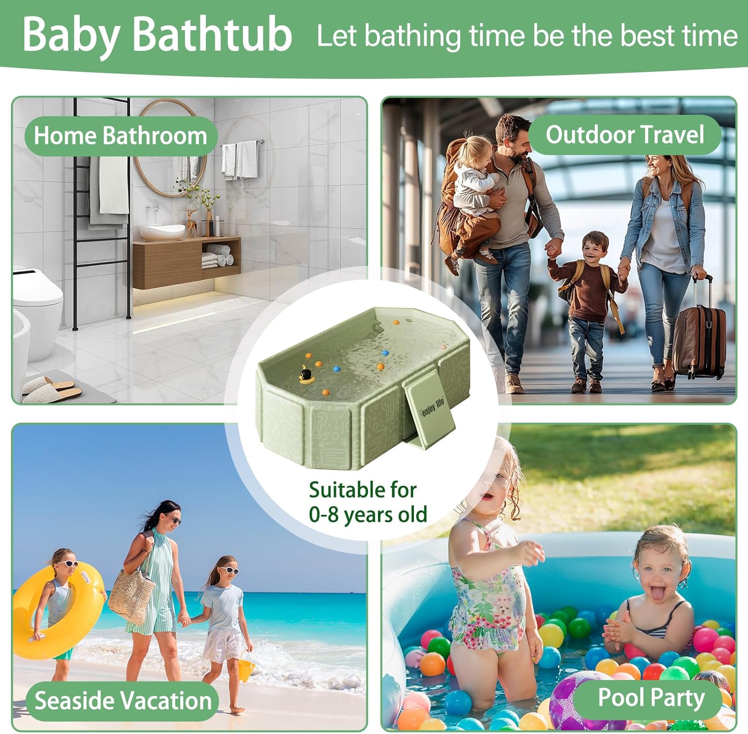 Thumbnail 5 de Vasca da bagno pieghevole per bambini 0-8 anni verde, multiuso e salvaspazio (con tappo di scolo)