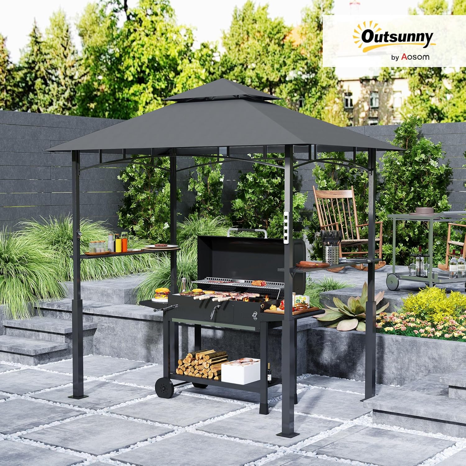Thumbnail 1 de Outsunny Tonnelle de Barbecue à Deux Niveaux – Auvent avec LED et Étagères Latérales, 240 x 150 x 250 cm, Gris foncé