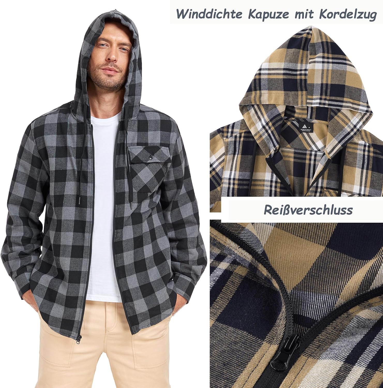 Detalle 2 de SwissWell geruit flanellen herenoverhemd met capuchon en ritssluiting