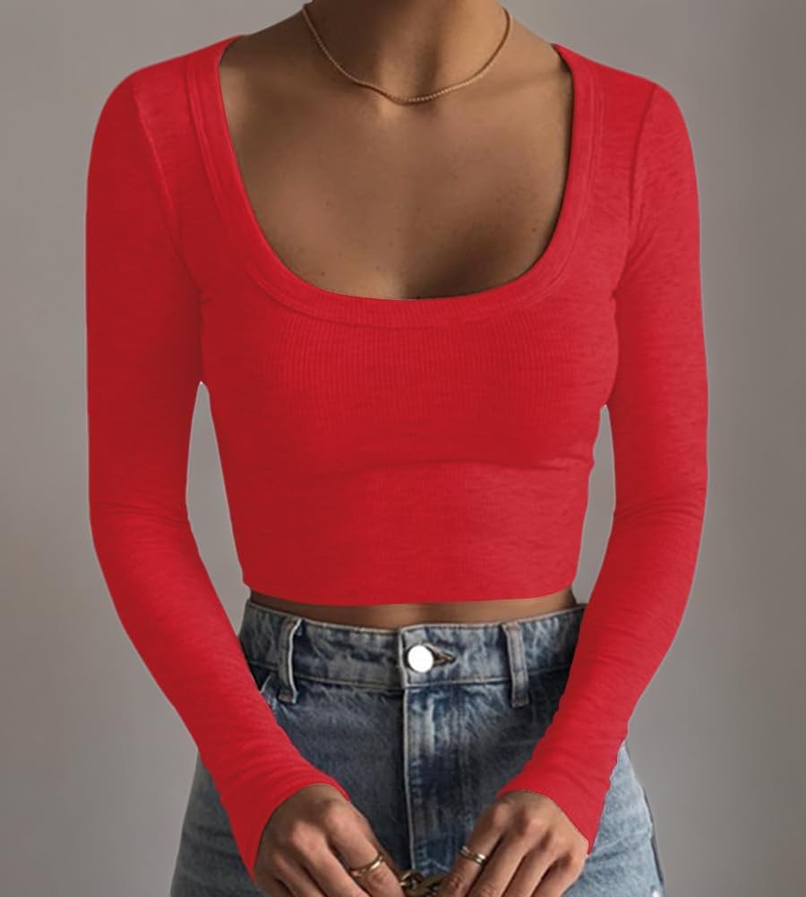Detalle de Artfish Women's Ribbed Square-Neck Long-Sleeve Cropped Top