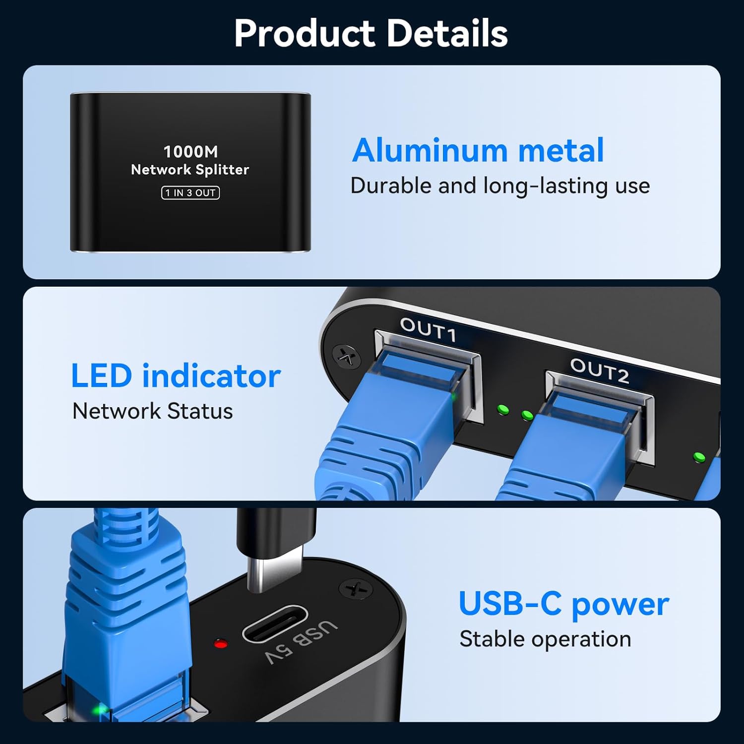 Thumbnail 5 de VPFET LAN-Switch 1 auf 3 (Gigabit, 3 Ports) mit USB-C-Netzkabel – RJ45 Ethernet-Verteiler