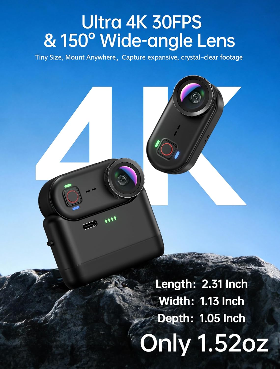 Thumbnail 2 de 4K Mini Body Action Camera POV Wearable Thumb Cam with WiFi, 64GB Storage, IPX68 Waterproof (Black)