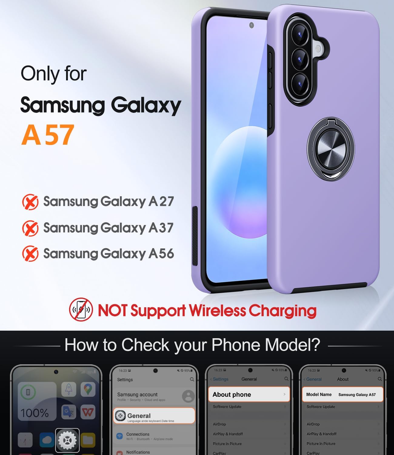 Detalle de AOUIA Galaxy A57 5G case with 2 screen protectors, purple – shockproof with 360° rotating ring kickstand