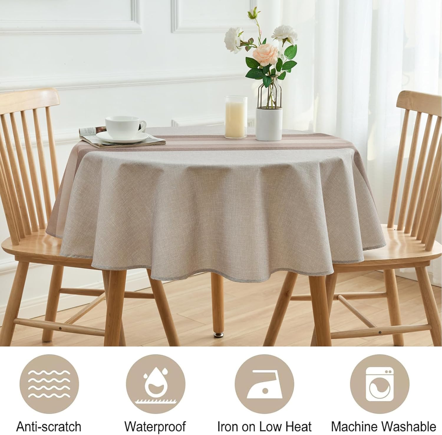 Detalle de Arwllzz Beige Round Table Cloth 140x140cm – Washable, Dust-Proof, Faux Linen with Stripe Runner