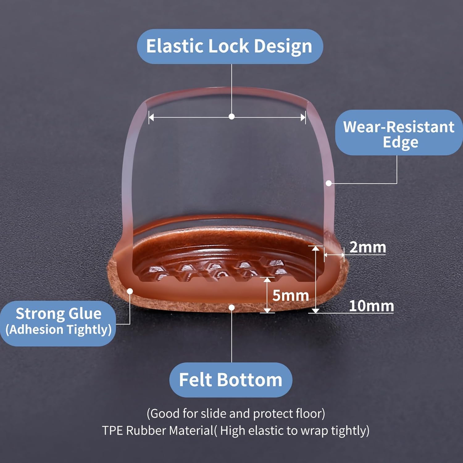 Thumbnail 2 de 16 Clear Silicone Chair Leg Floor Protectors (Round, 0.75") with Wrapped Felt