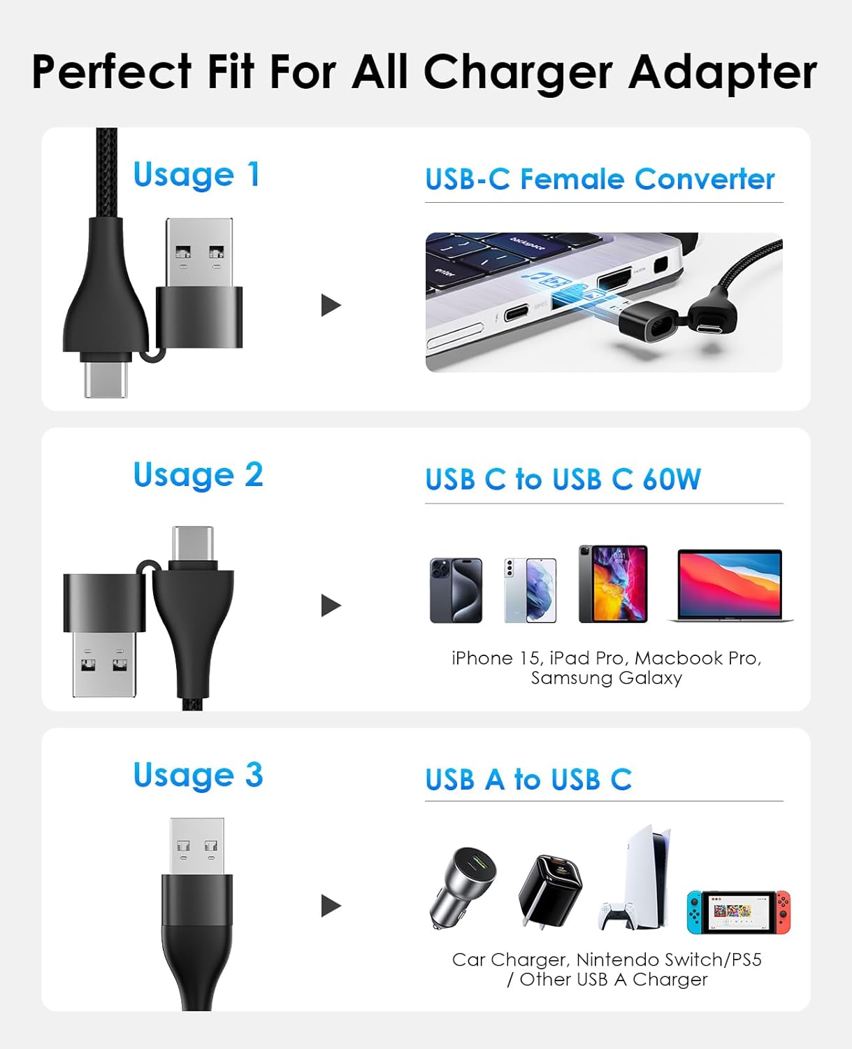 Thumbnail 6 de Magtame Magnetic USB A/C to Type C Cable (1m) – Coiled braided fast charging cord for USB‑C devices