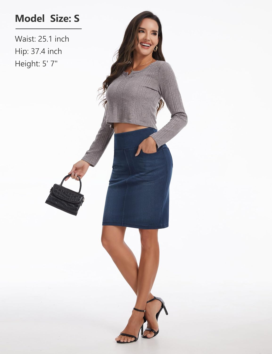 Thumbnail 6 de THE GYM PEOPLE High Waist Pencil Jean Skirt in Stretch Denim with Back Slit