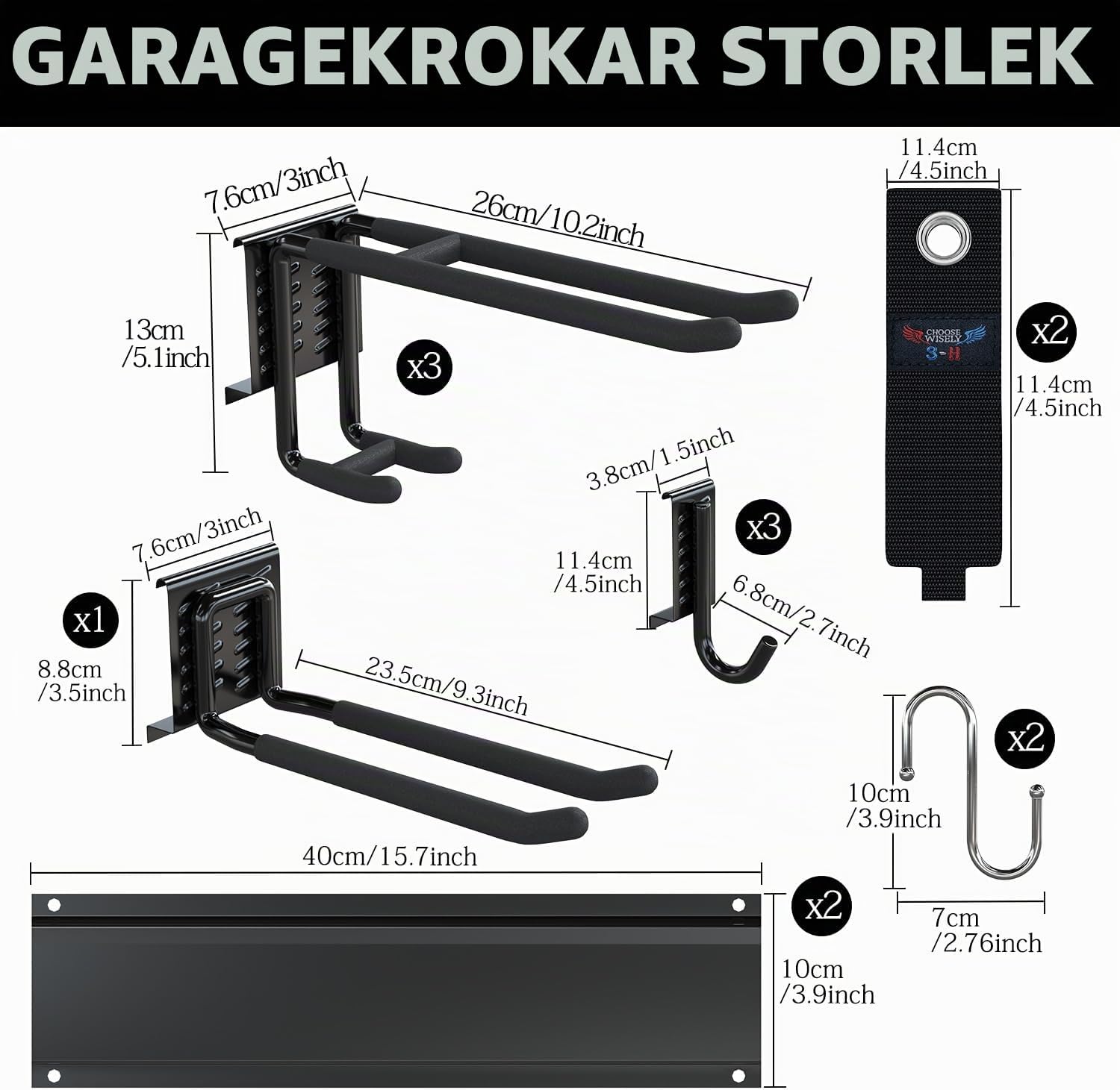 Thumbnail 2 de 3-H 80 cm justerbar redskapshållare för vägg, svart med 9 krokar