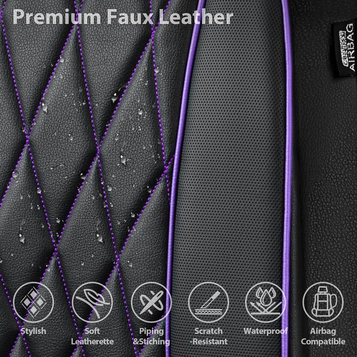 Detalle 2 de CAR PASS Piping Luxury Faux Leather Seat Covers 2-Pack