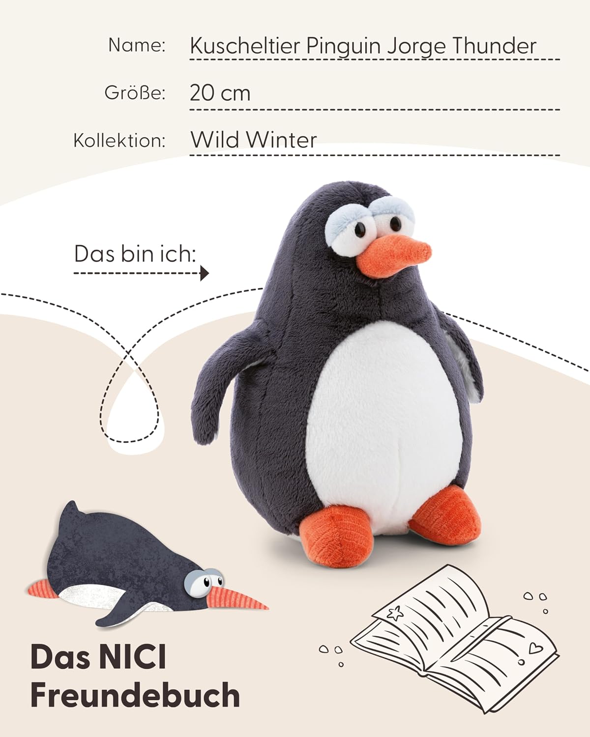 Detalle de NICI Kuscheltier Pinguin Jorge Thunder 20 cm – Grau, weiches Plüschtier zum Kuscheln