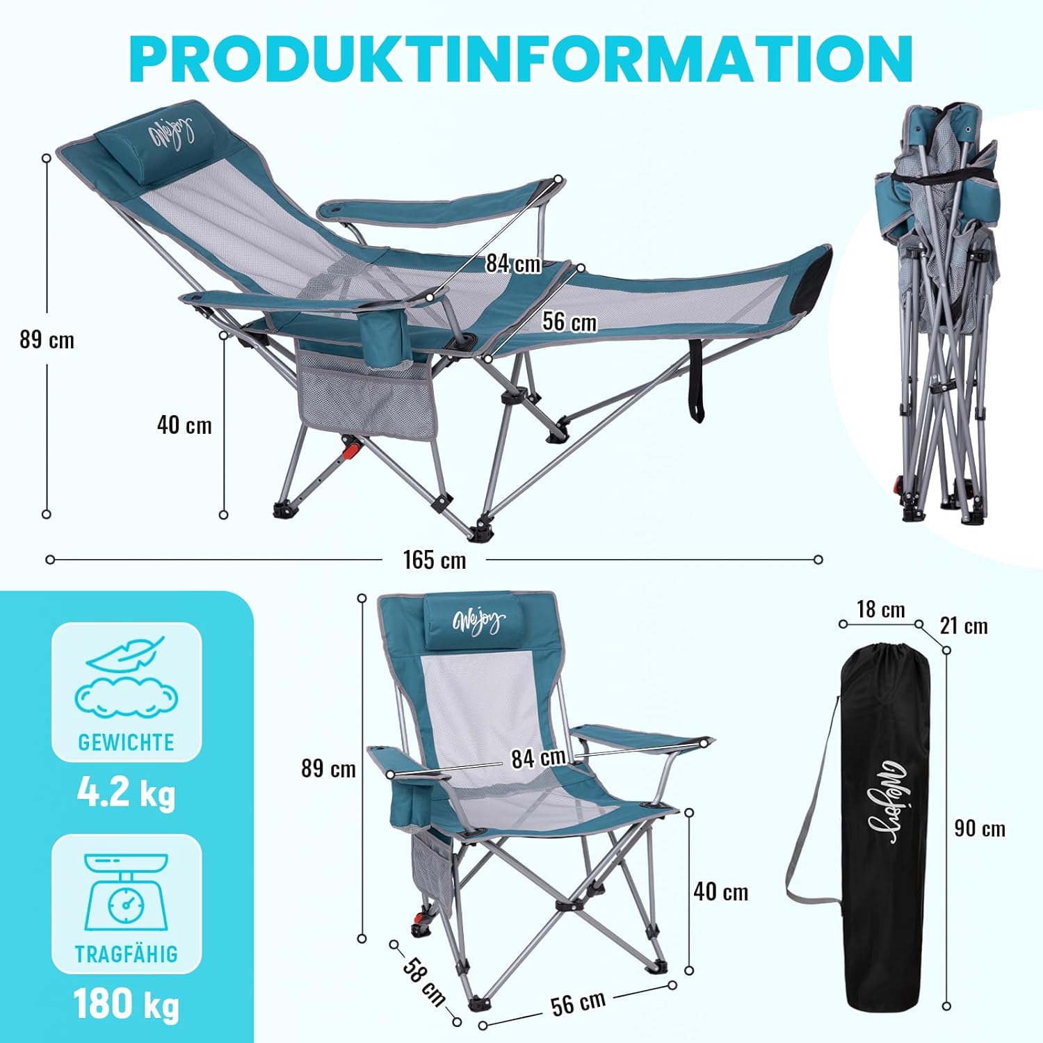 Detalle de #WEJOY 2-in-1 Campingstuhl bis 180 kg mit Fußstütze und 4-fach verstellbarer Rückenlehne