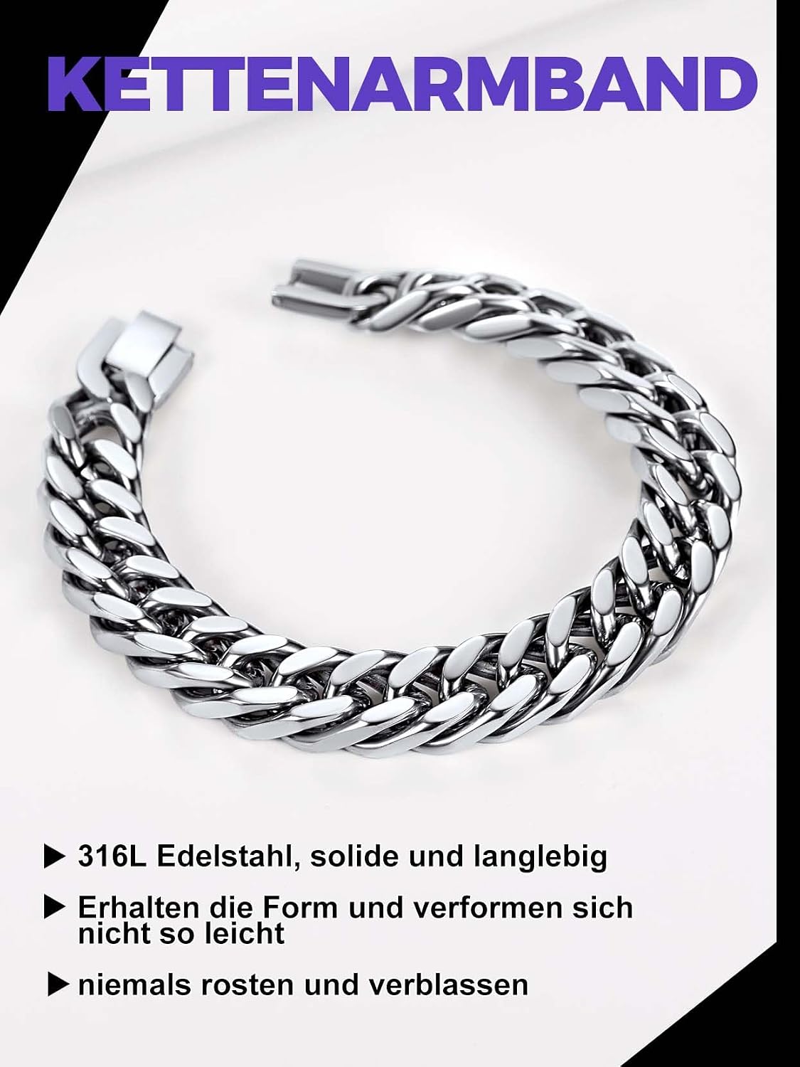 Detalle de Richsteel Herren-Armband im Cuban-Gliederstil aus 316L-Edelstahl – Silber/Gold/Schwarz, 8/12/17 mm breit