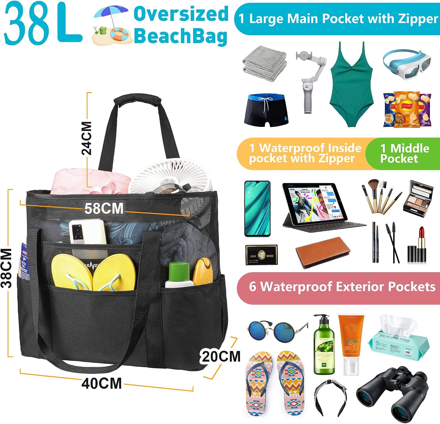 Detalle de ZUXNZUX Mesh Strandtasche XXL Familie – faltbar, wasserdicht, ultraleicht