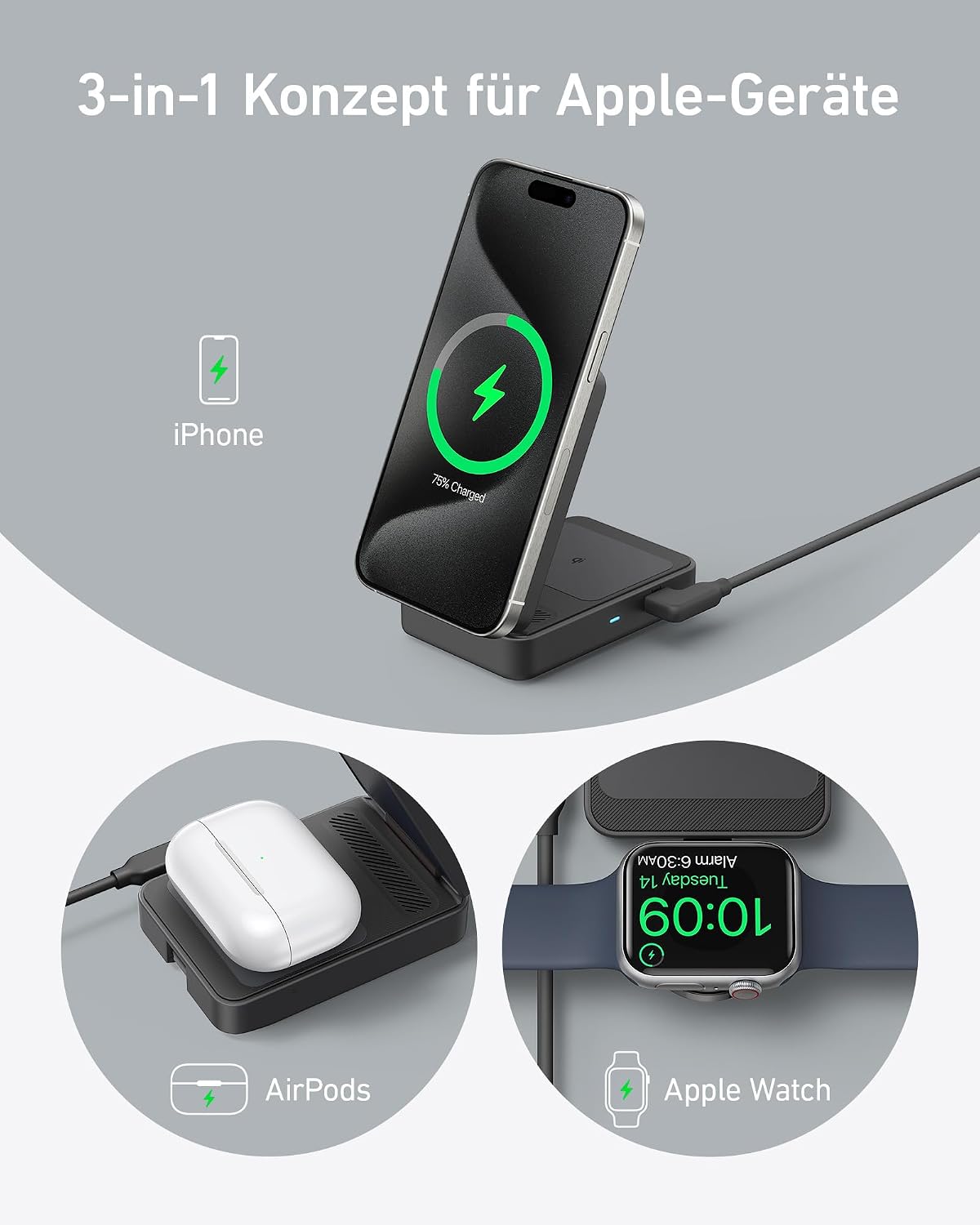 Detalle de Anker MagGo 3-in-1 Ladestation (Qi2, MagSafe kompatibel) mit Apple Watch Ladegerät – 15W kabellos