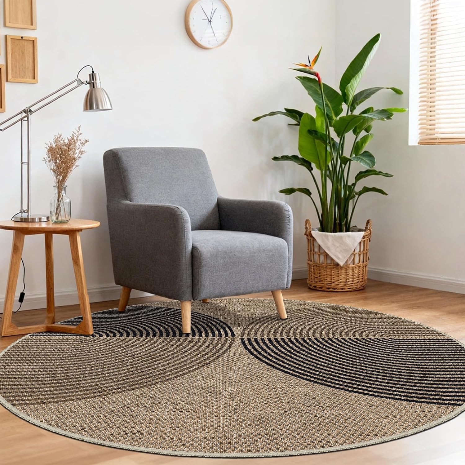 Detalle de Capslpad rond vloerkleed 160 cm, jute-look, zwart-bruin, antislip en wasbaar