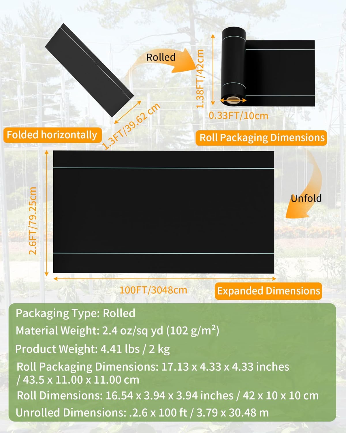 Detalle de Pterying S-GPC-2OZ6BK Weed Barrier Fabric, 2.6ft x 100ft Woven Geotextile