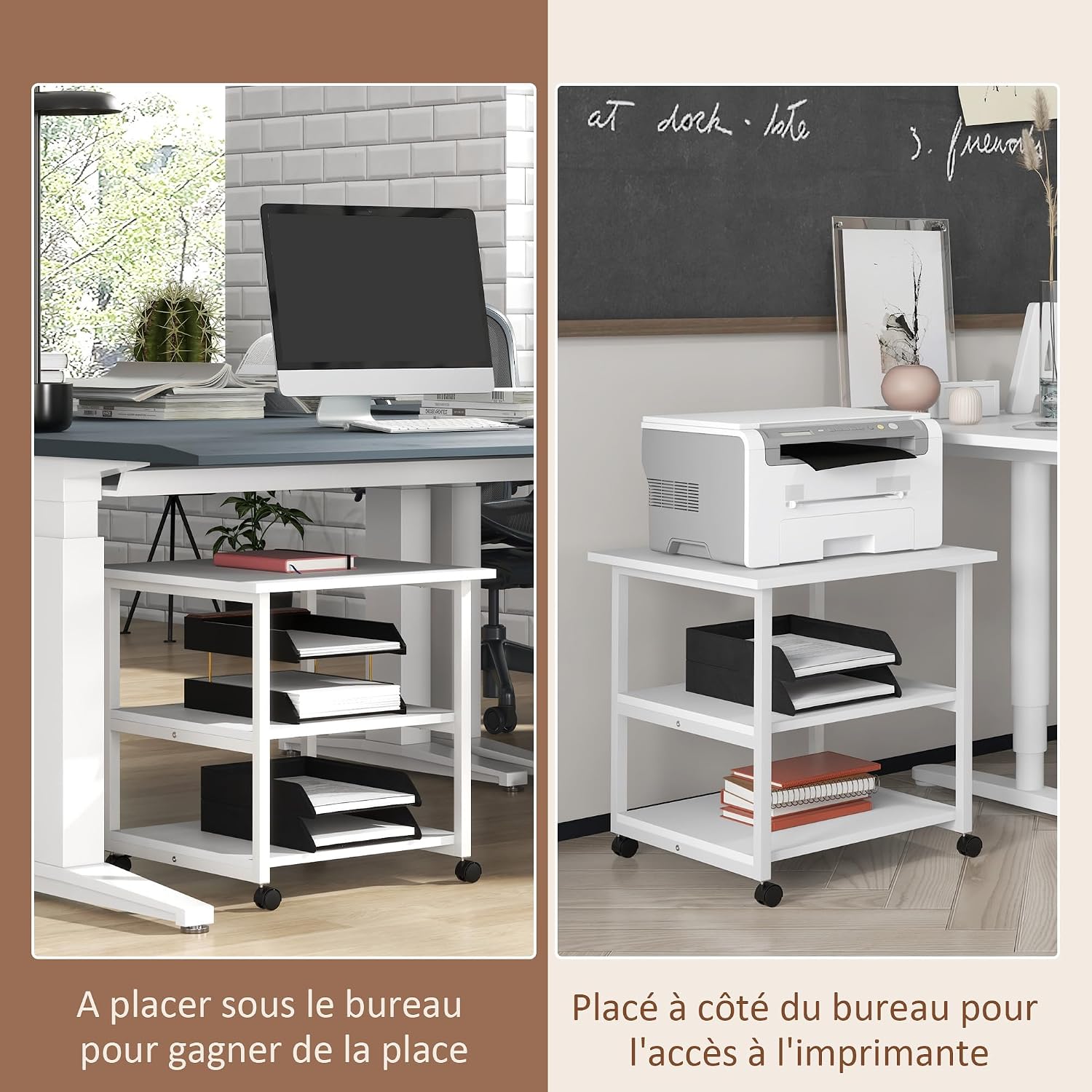 Detalle de HOMCOM support d’imprimante sur desserte mobile 3 niveaux (50 x 50 x 52,5 cm) blanc