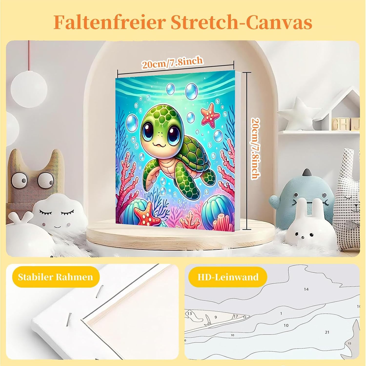 Detalle 2 de Malen nach Zahlen Kinder mit Rahmen und Holzstaffelei – Meeresschildkröte, 20x20 cm