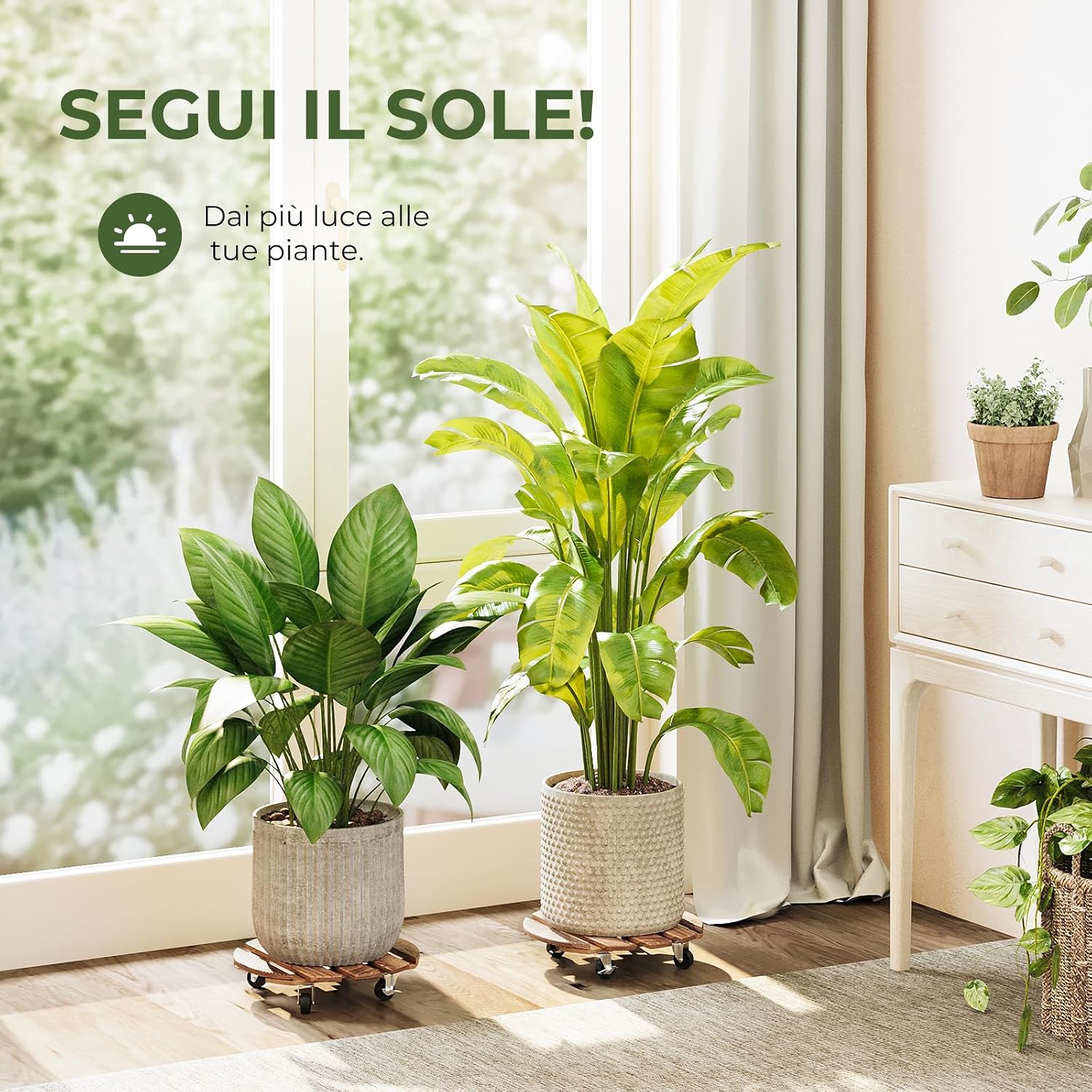 Thumbnail 4 de Bamworld Carrello per piante in legno con ruote girevoli (set di 2 supporti) – mobile per interni ed esterni