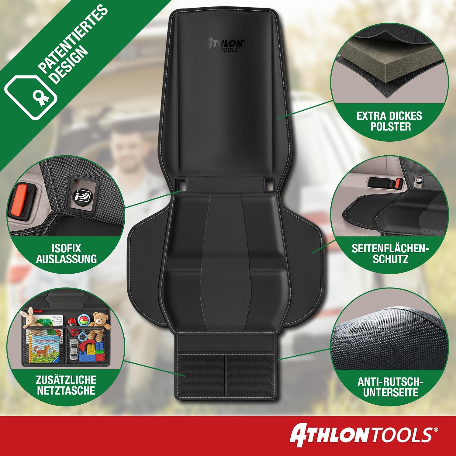 Detalle de ATHLON TOOLS Kindersitzunterlage Auto mit Seitenschutz – ISOFIX-kompatibel, dick gepolstert