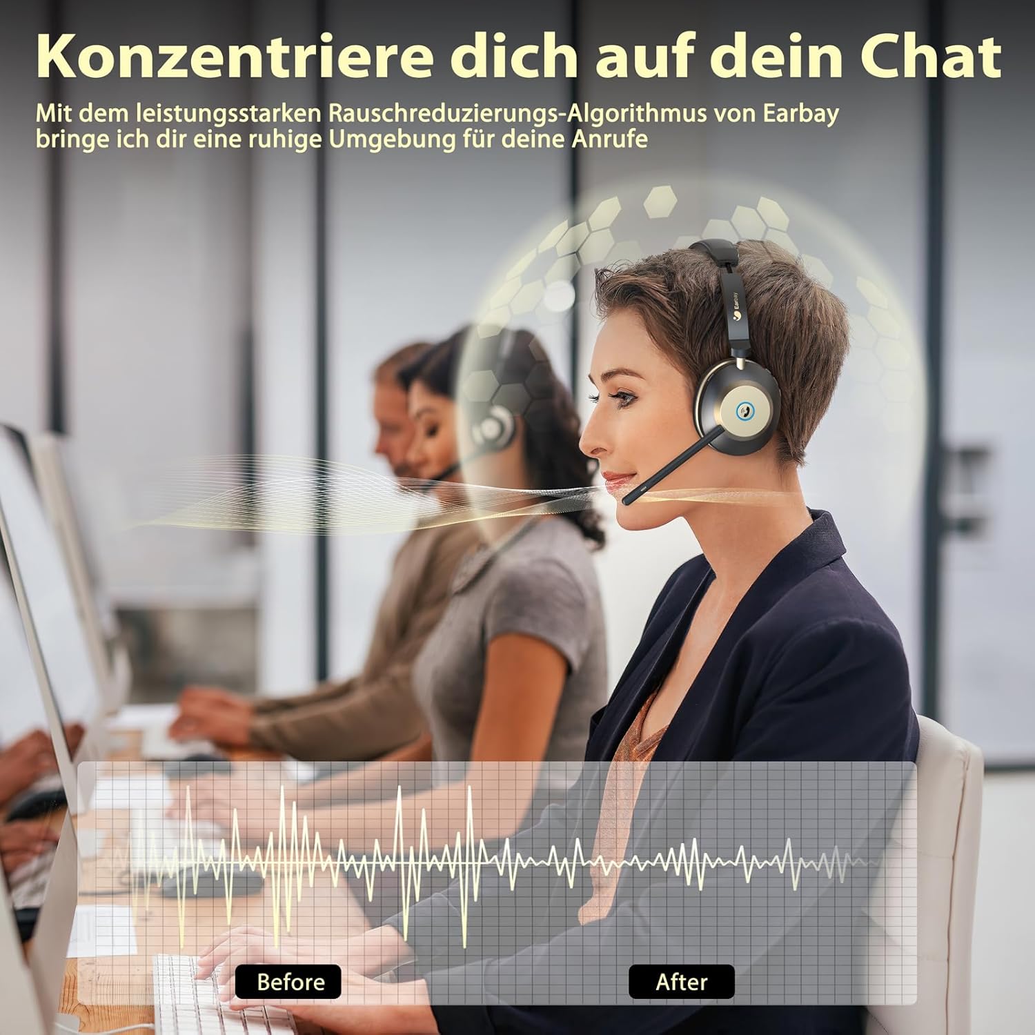 Thumbnail 1 de Earbay Kabelloses Headset mit AI Noise-Cancelling und USB-Dongle – Bluetooth Headset mit Mikrofon, Ladestation und Stummschaltung