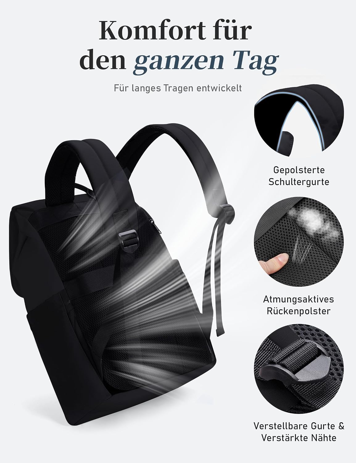 Detalle de ECOHUB Rucksack Damen 16 Zoll Laptop – City-Ansatz mit Diebstahlschutz, 8 Fächer und Trolley-Schlitz