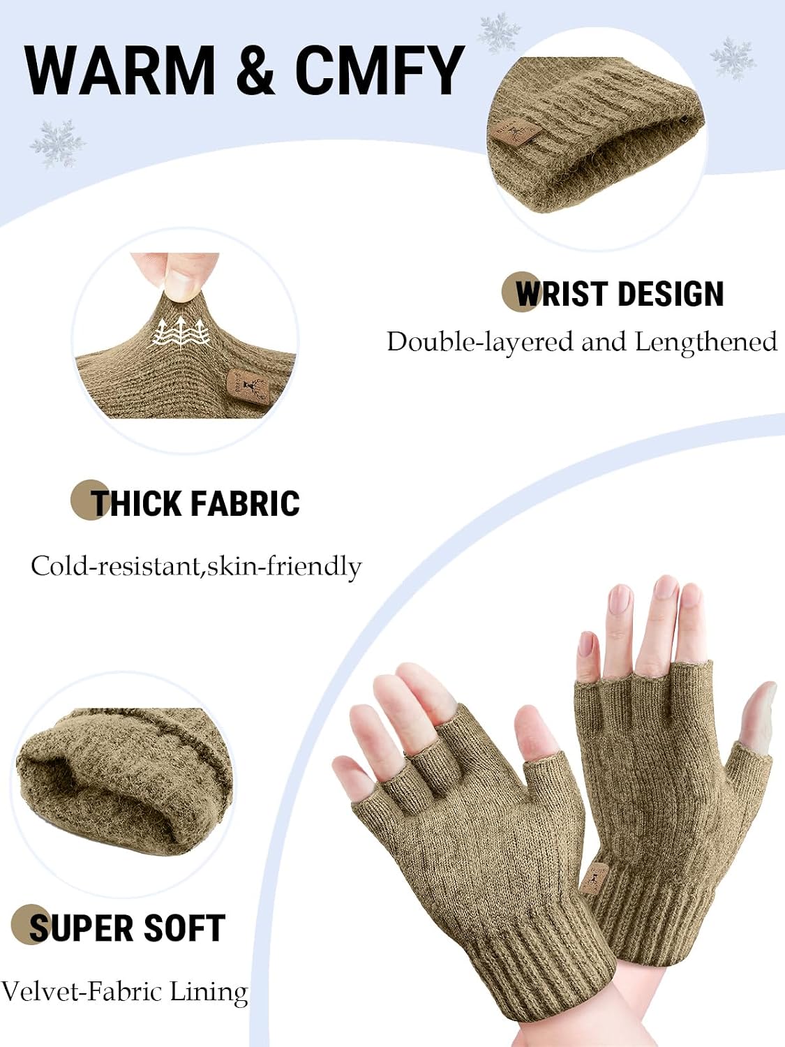 Detalle 2 de JUNRUI Fingerless Gloves for Winter Warmth