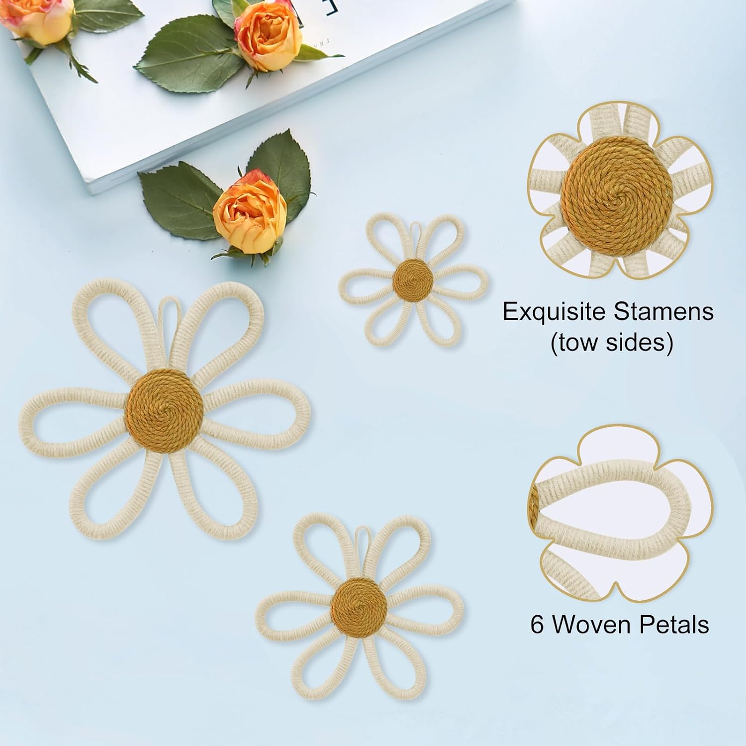 Detalle de MEINV BF-600W Boho Daisy Wall Décor, 6-Piece Cotton Rope Set