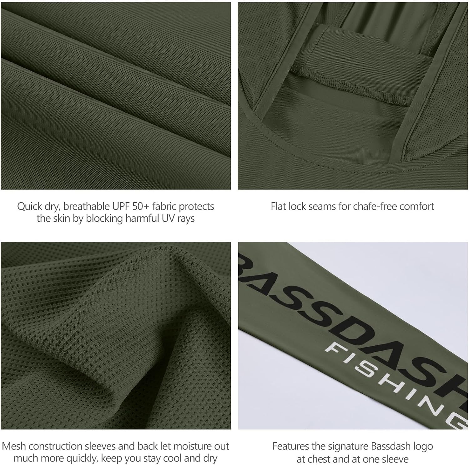 Detalle de BASSDASH UPF 50+ Men's UV Sun Protection Long Sleeve Performance Fishing Hoodie
