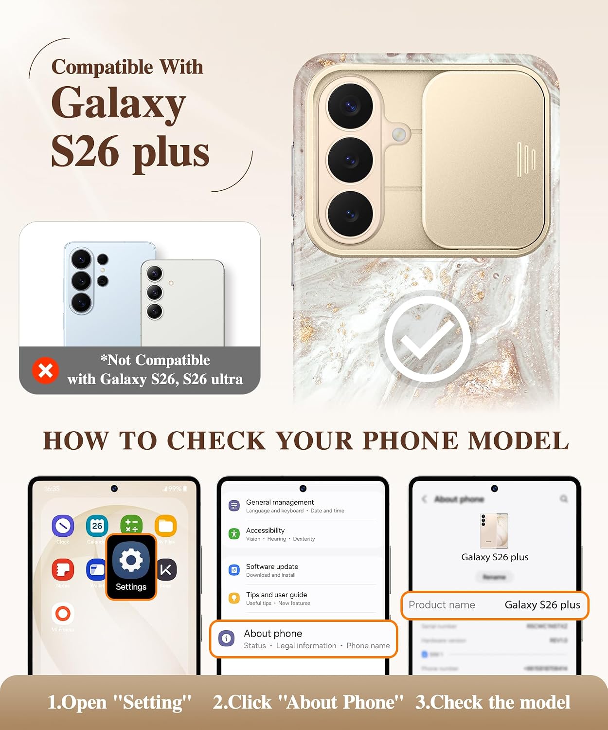 Detalle de GVIEWIN Marble Case for Samsung S26 Plus with Slide Camera Cover and HD Screen Protector