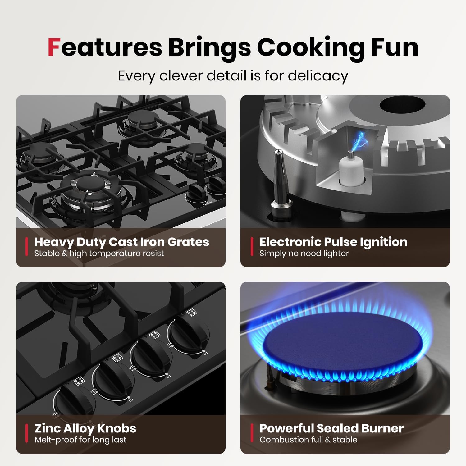 Detalle de GASLAND GH60EF 24-Inch Gas Cooktop with 4 Burners and Reversible Griddle
