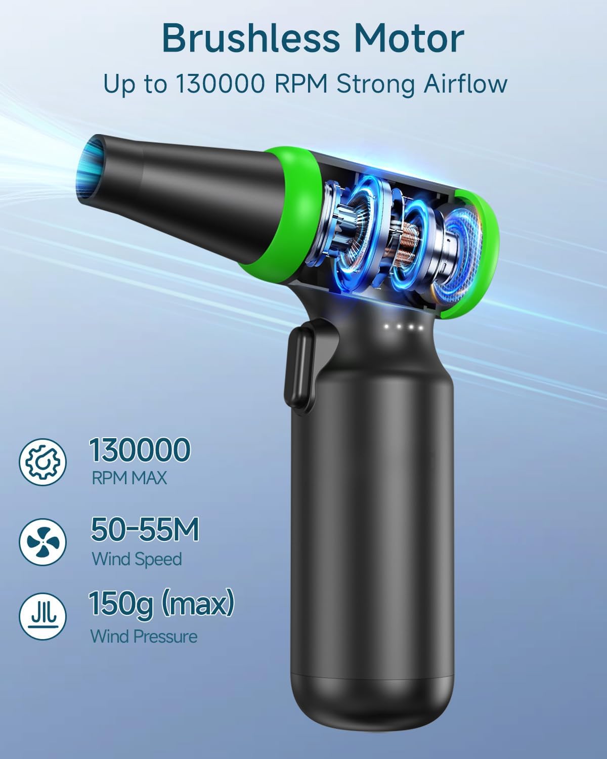 Detalle de Souffleur Air Comprimé 130000 tr/min – Dépoussiérage sans contact pour PC et électronique, 3 vitesses et batterie 6000 mAh