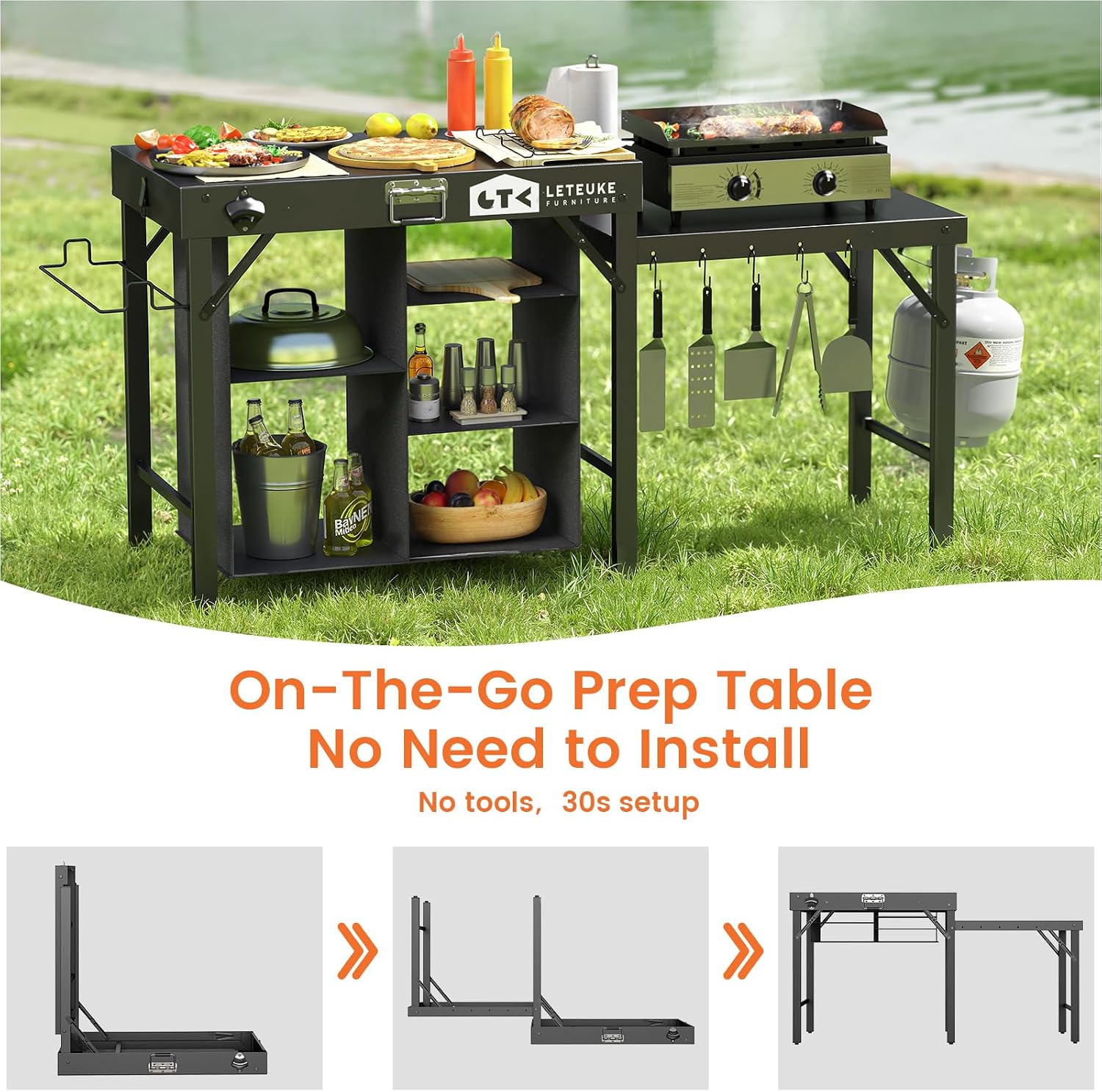 Detalle de Leteuke OTG-01 Folding Grill Table with Storage Shelves and Hooks