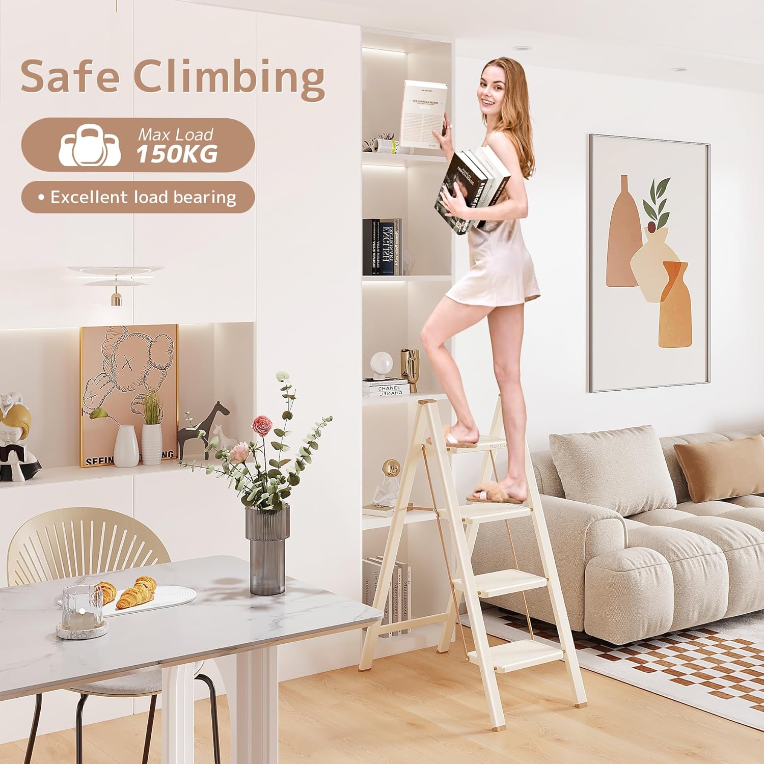 Detalle de GameGem 4 Step Ladder: a sturdy, stylish folding step stool for everyday reaching needs