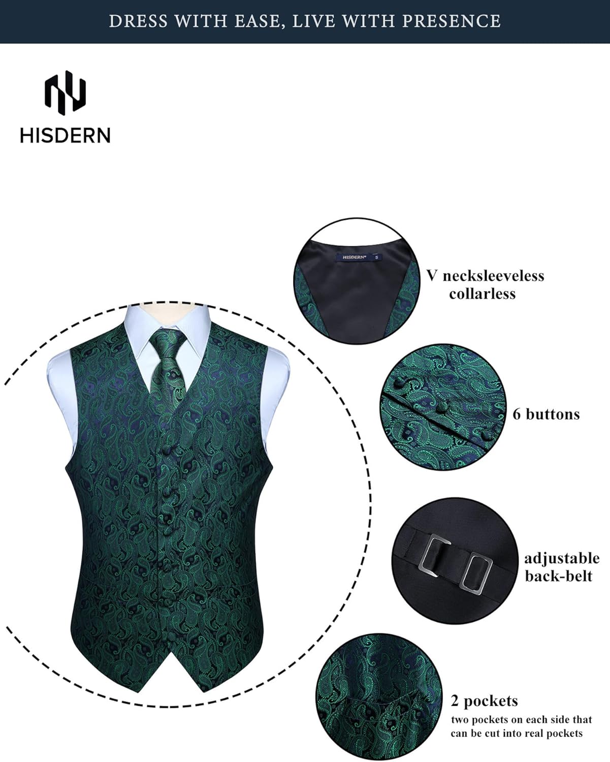 Thumbnail 3 de HISDERN Men's Vest Tie Set 3-Piece: Paisley Jacquard Waistcoat, Necktie & Pocket Square for Formal Wear