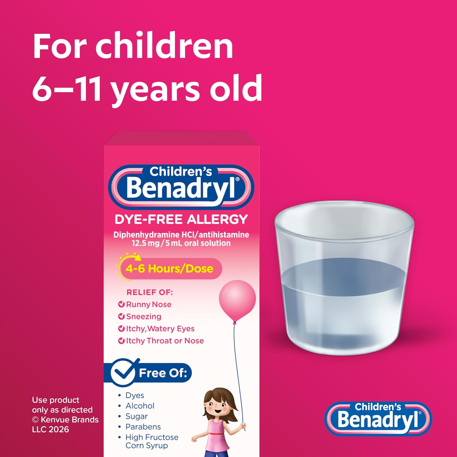 Detalle de Children's Benadryl Liquid Medicine (4 fl oz) – Dye-Free Allergy Relief for Kids